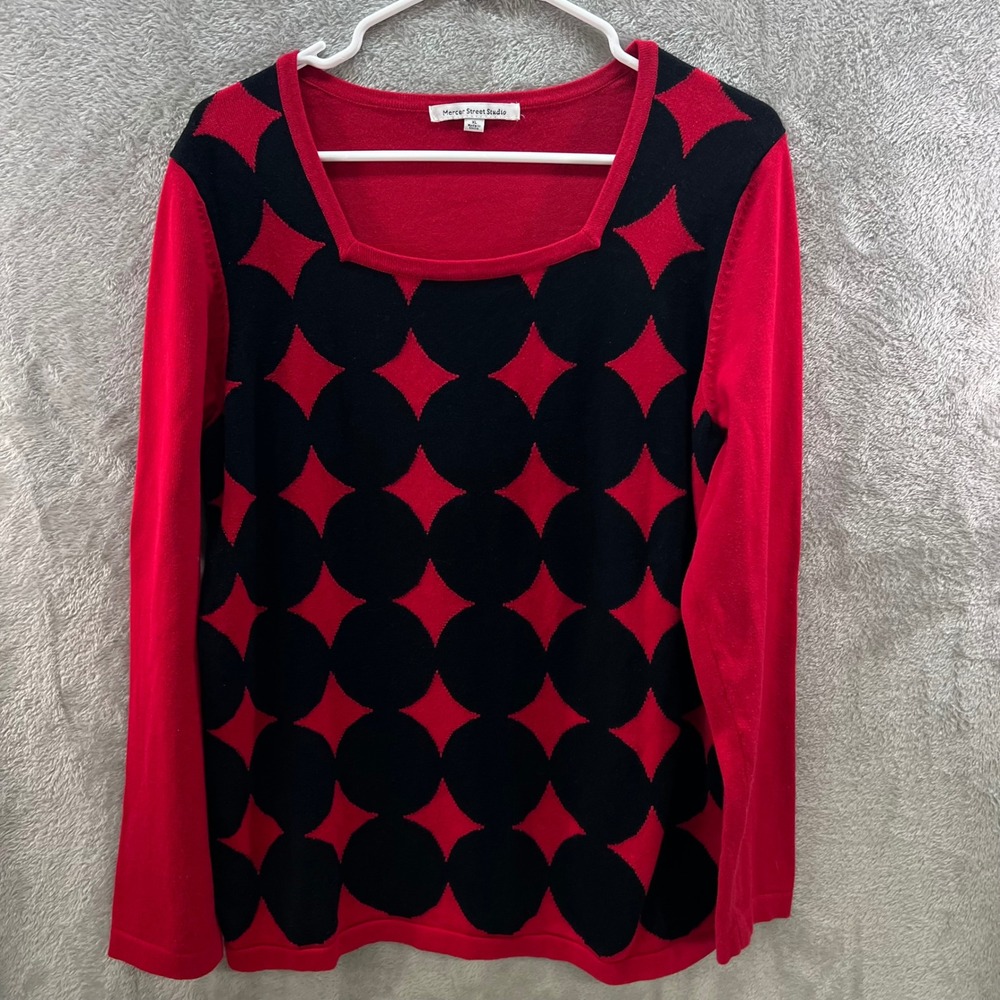 Mercer Street Studio XL Red Black Geometric Square Neck Cotton Sweater Mod Retro